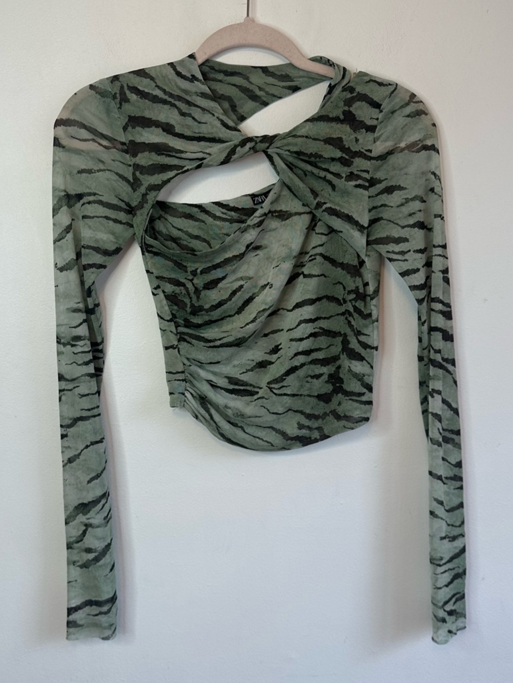 Zara Women’s Semi Sheer Twist Front Green Tiger Print Crop Top - Size S Small